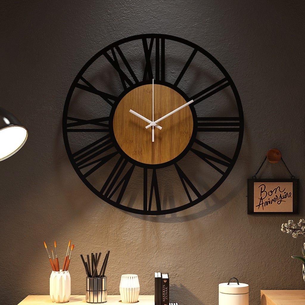 horloge industrielle et bois scandinave