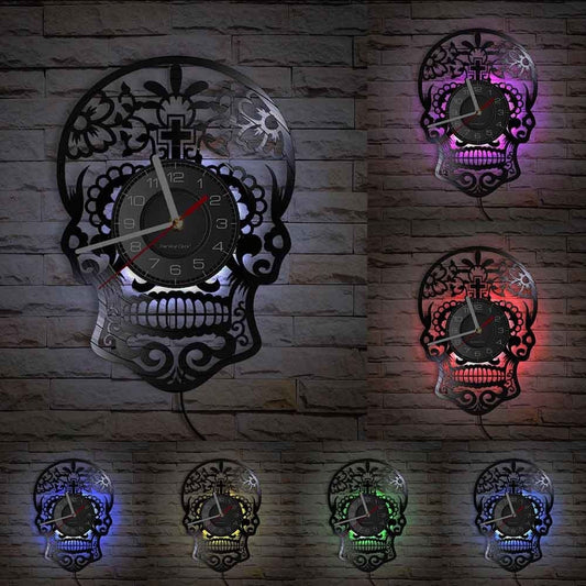 horloge vinyle tete de mort mexicaine led